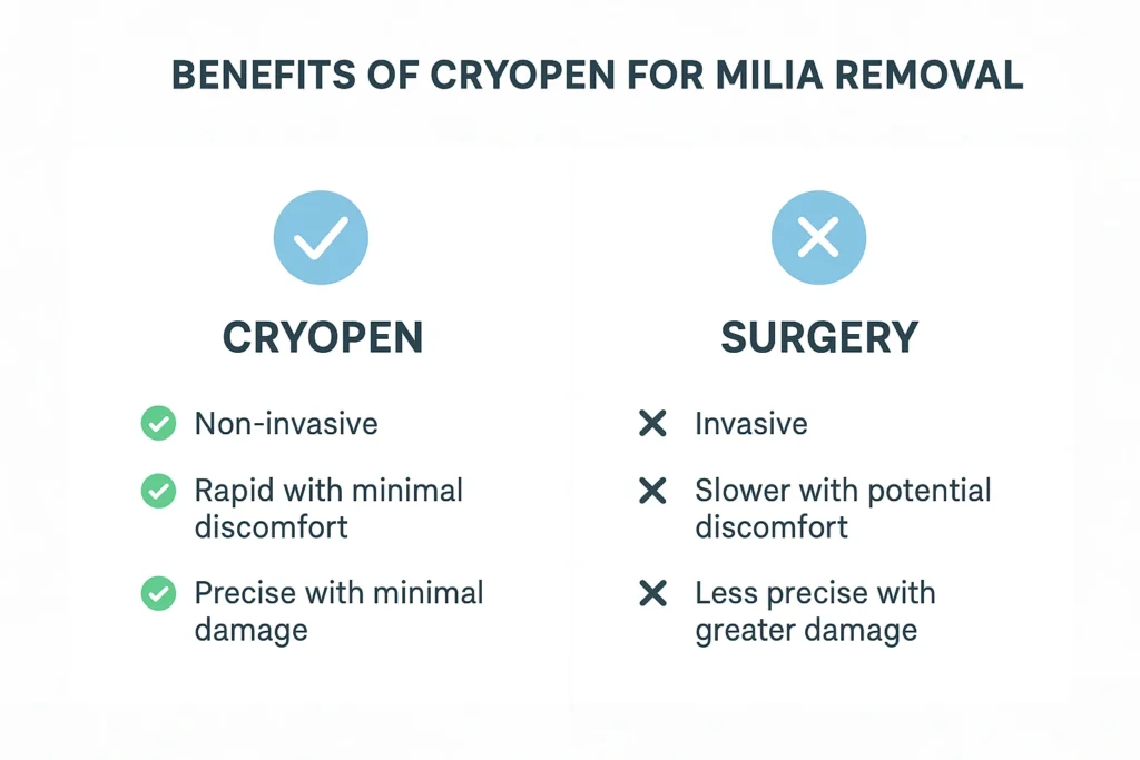 Benefits of cryopen for milia removal Hemel Hempstead compared to surgical treatments.