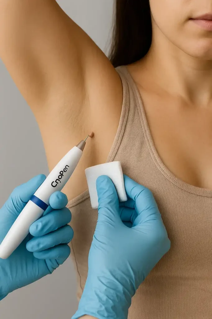 woman having cryopen to remove underarm skin tags Hemel Hempstead