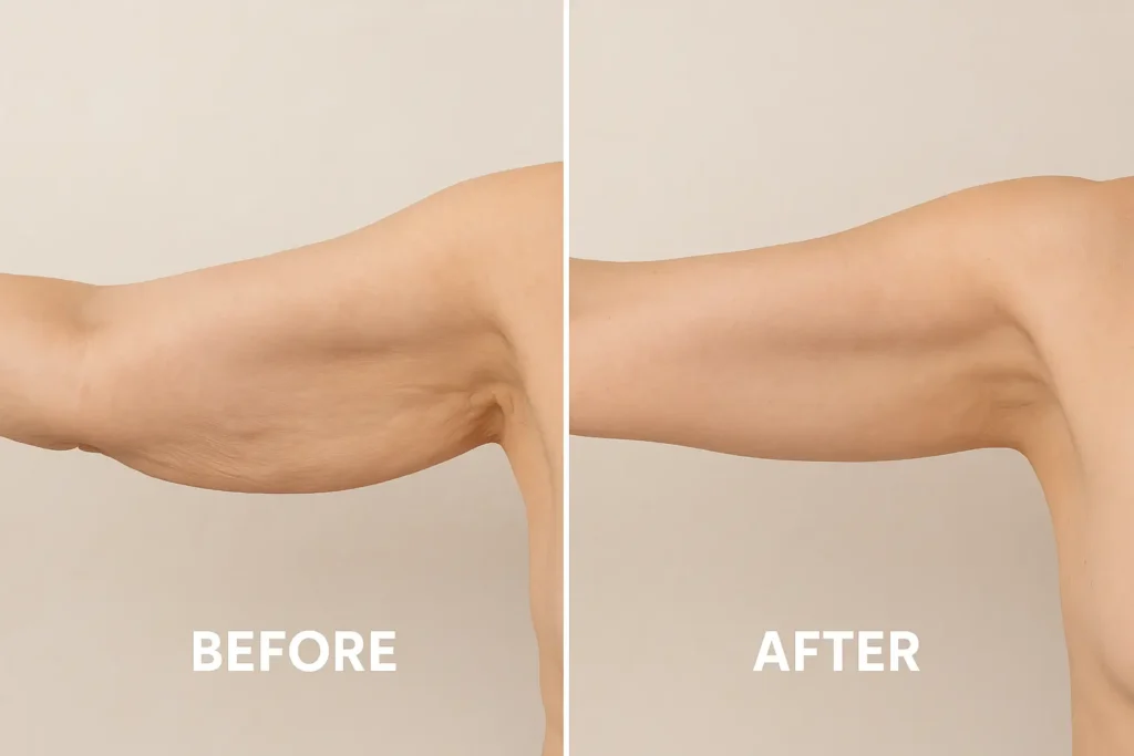Picture of LA LIPO Hemel Hempstead before and after results of skin tightening treatment on the upper arms.