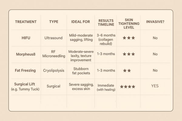 Table showing the comparisons of Skin tightening Hemel Hempstead treatment options.
